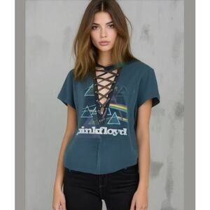 PINK FLOYD  Gray V-Neck Lace Up Concert  Tour Band Tee T-Shirt Top S